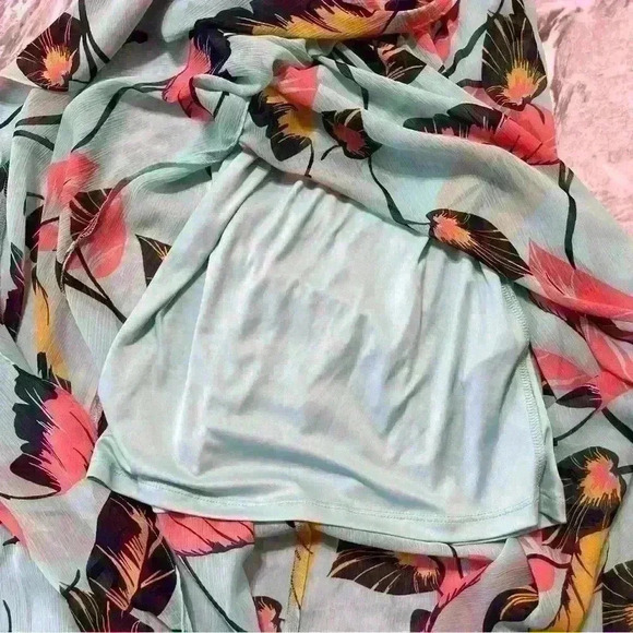 EXPRESS Mint Green Leaf Print Ruffle Off the Shoulder Hi Lo Maxi Dress Size XS - Picture 9 of 10